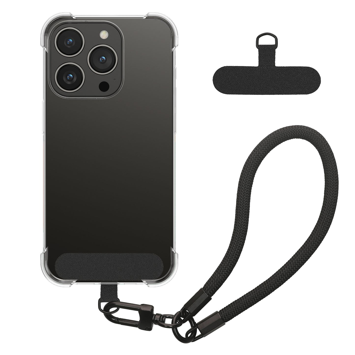 kwmobile Handy TPU Case kompatibel mit Apple iPhone 15 Pro Hülle - Kristallklare Schutzhülle mit Kantenschutz und abnehmbarem Armband inkl. 2 Pads - Transparent Schwarz Transparent  