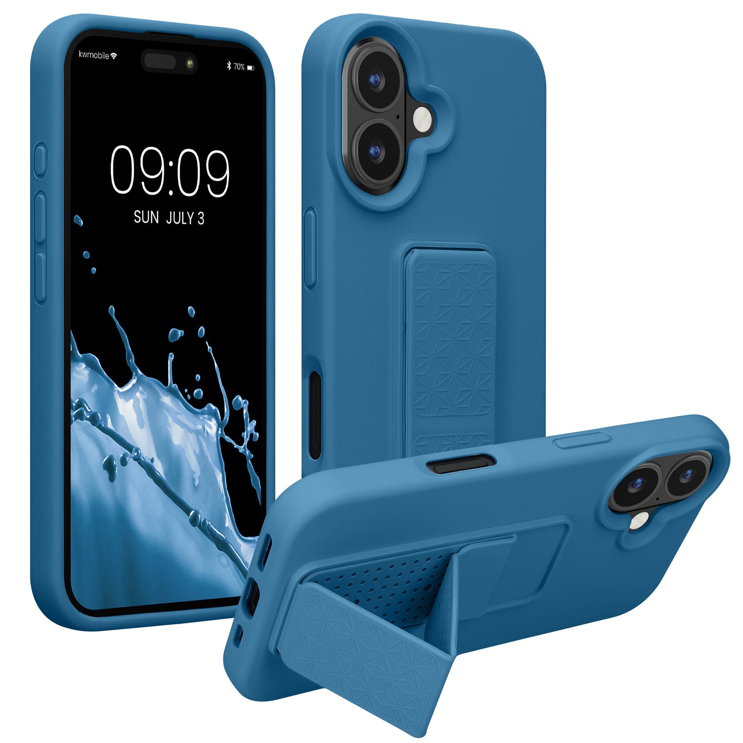 kwmobile Handyhülle kompatibel mit Apple iPhone 16 - Hülle mit Fingerhalter und Standfunktion - Silikon Case Handy Cover in Karibikblau Karibikblau  