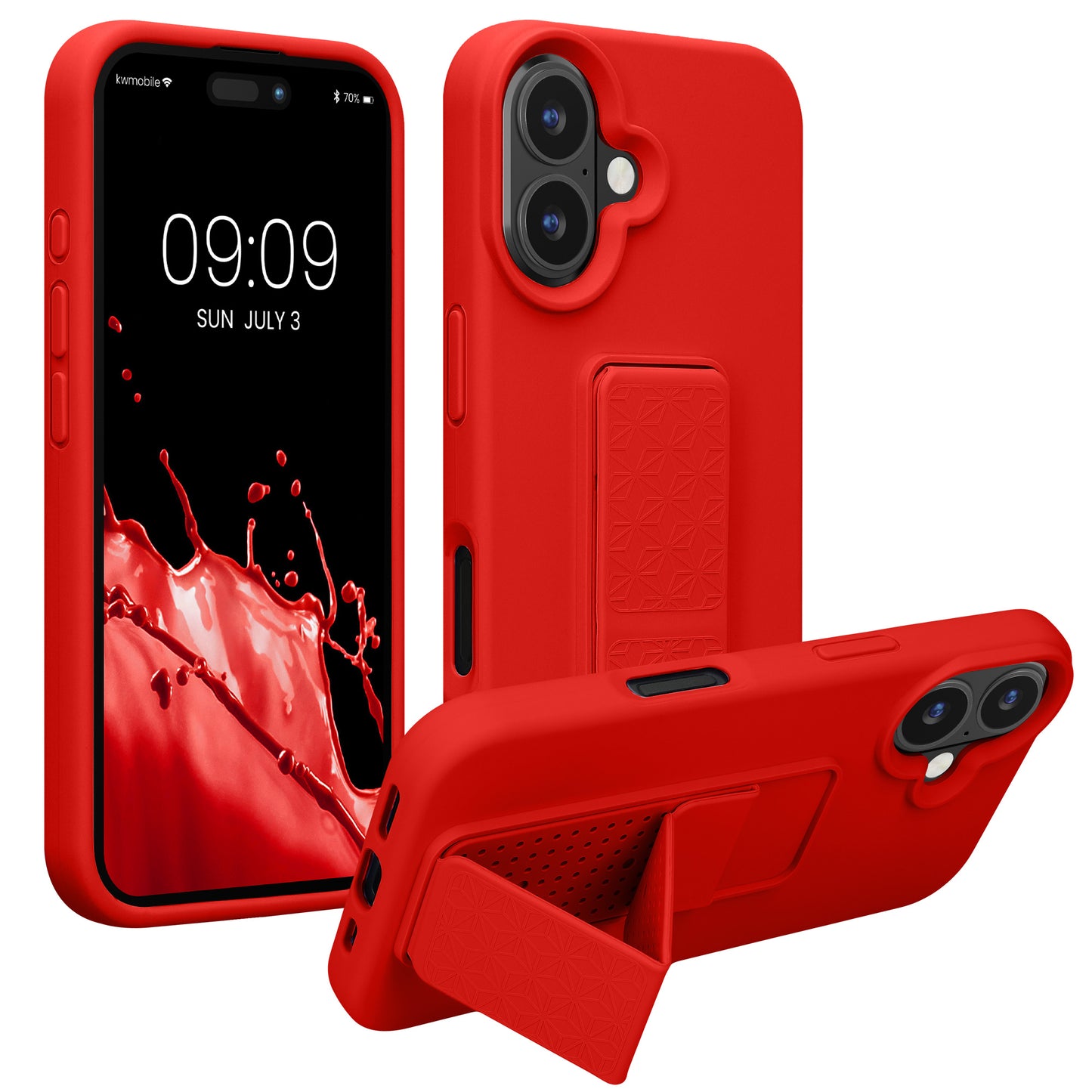 kwmobile Handyhülle kompatibel mit Apple iPhone 16 - Hülle mit Fingerhalter und Standfunktion - Silikon Case Handy Cover in Rot Rot  
