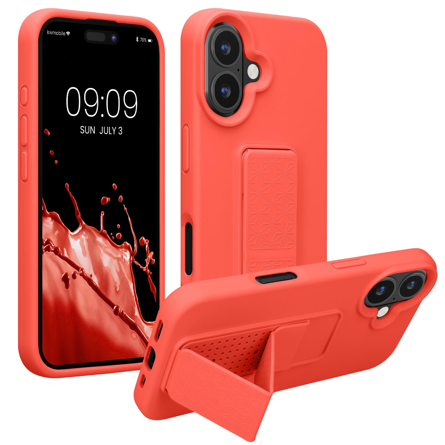 kwmobile Handyhülle kompatibel mit Apple iPhone 16 - Hülle mit Fingerhalter und Standfunktion - Silikon Case Handy Cover in Koralle Koralle  