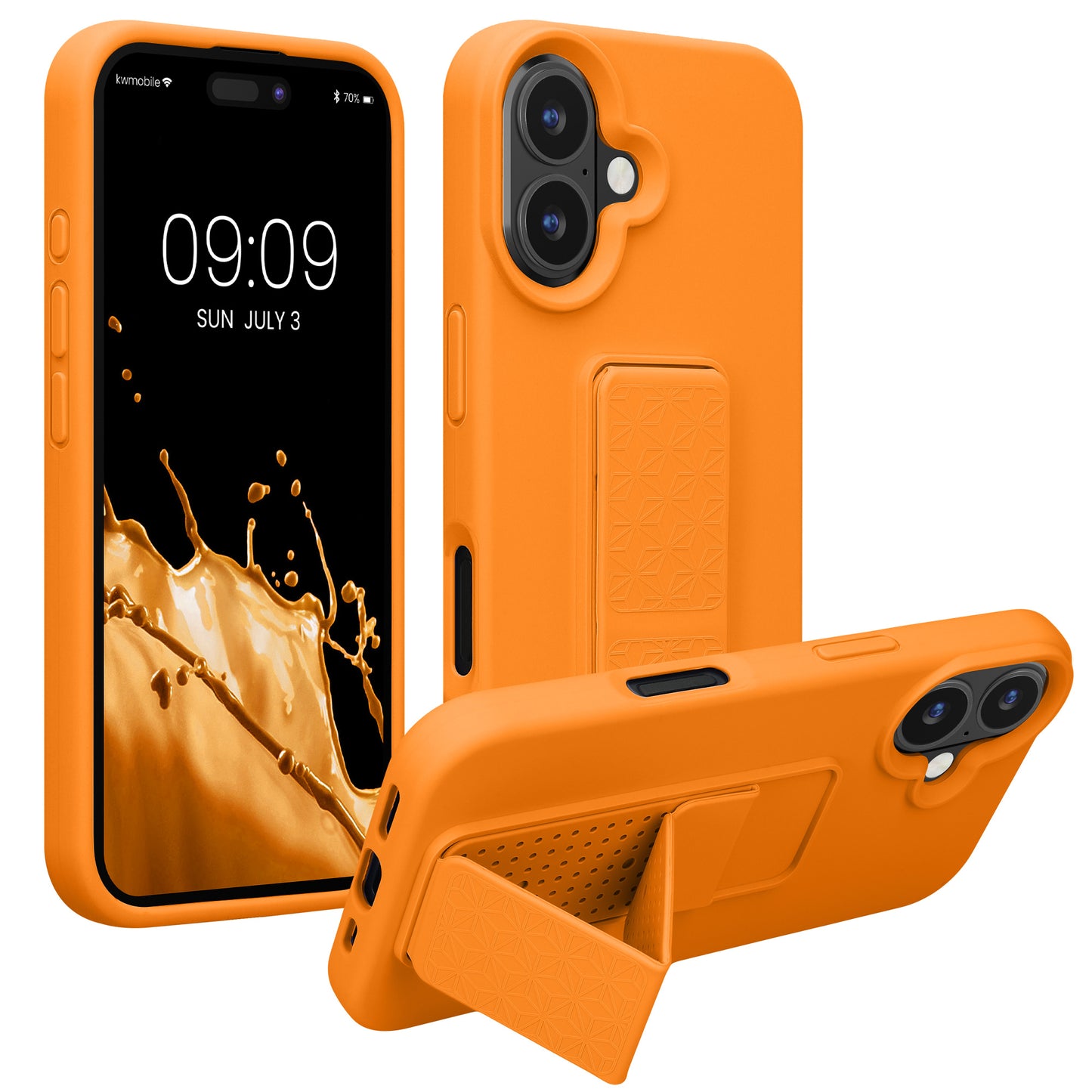 kwmobile Handyhülle kompatibel mit Apple iPhone 16 - Hülle mit Fingerhalter und Standfunktion - Silikon Case Handy Cover in Fruity Orange Fruity Orange  