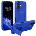 kwmobile Handyhülle kompatibel mit Apple iPhone 16 - Hülle mit Fingerhalter und Standfunktion - Silikon Case Handy Cover in Baltik Blau Baltik Blau  