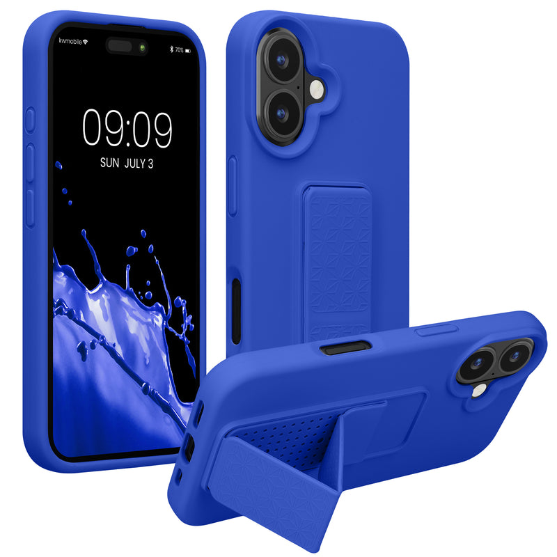 kwmobile Handyhülle kompatibel mit Apple iPhone 16 - Hülle mit Fingerhalter und Standfunktion - Silikon Case Handy Cover in Baltik Blau Baltik Blau  