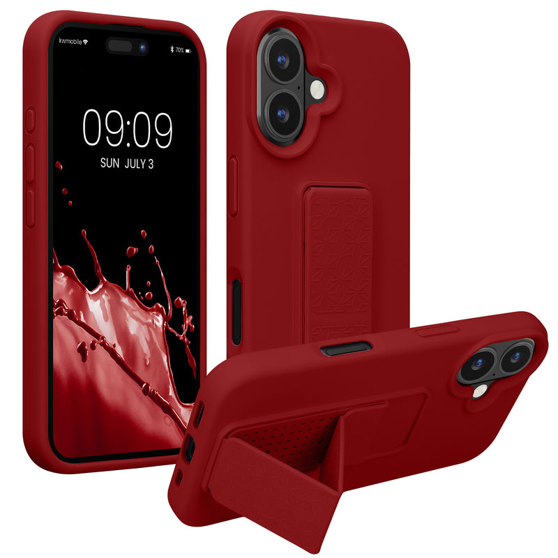 kwmobile Handyhülle kompatibel mit Apple iPhone 16 - Hülle mit Fingerhalter und Standfunktion - Silikon Case Handy Cover in Rhabarber Rot Rhabarber Rot  