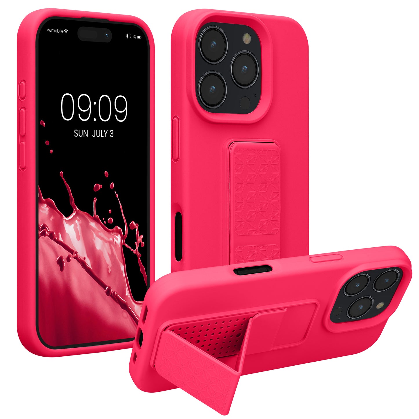 kwmobile Handyhülle kompatibel mit Apple iPhone 16 Pro - Hülle mit Fingerhalter und Standfunktion - Silikon Case Handy Cover in Neon Pink Neon Pink  