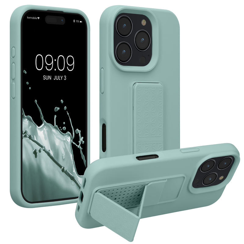 kwmobile Handyhülle kompatibel mit Apple iPhone 16 Pro - Hülle mit Fingerhalter und Standfunktion - Silikon Case Handy Cover in Mintgrün Mintgrün  