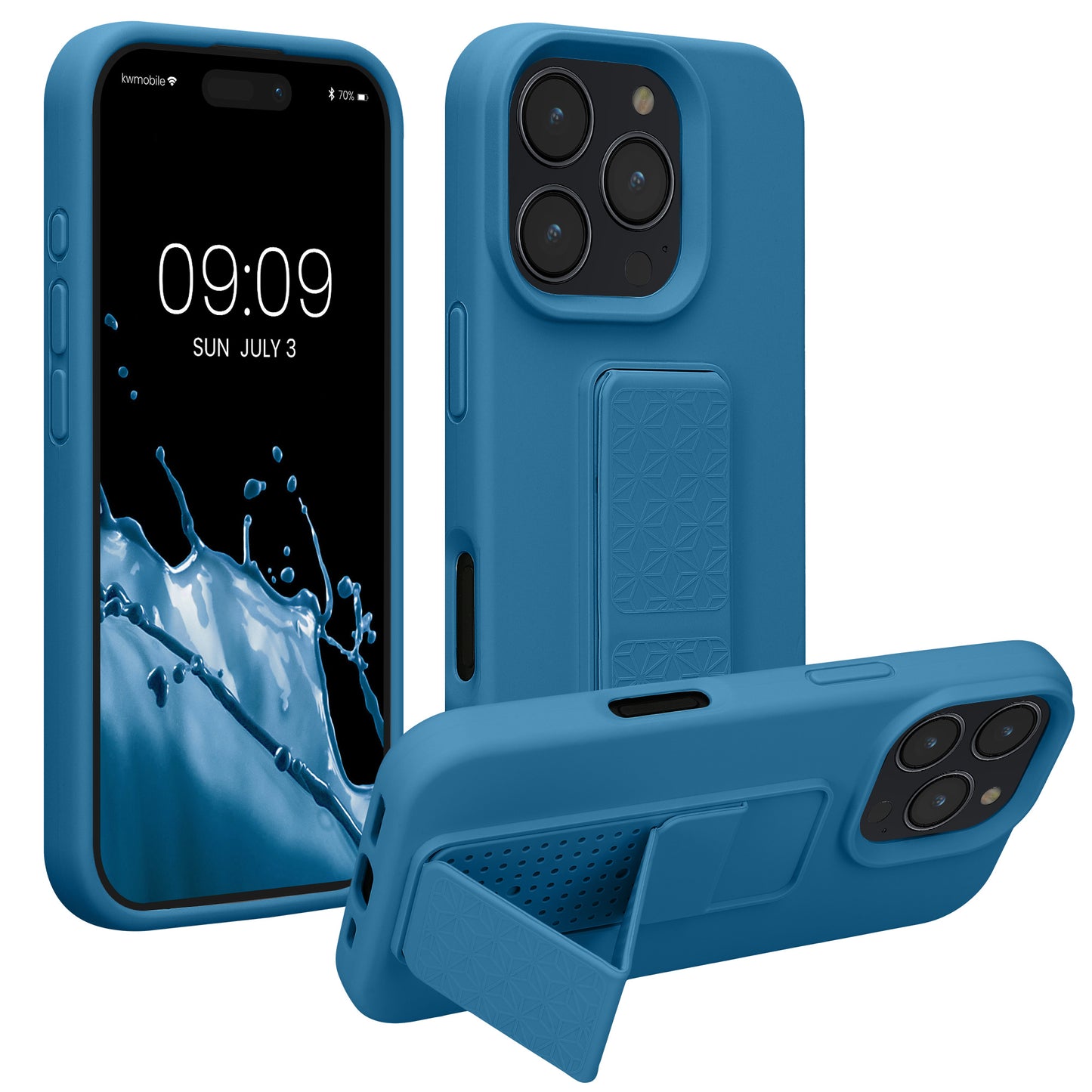 kwmobile Handyhülle kompatibel mit Apple iPhone 16 Pro - Hülle mit Fingerhalter und Standfunktion - Silikon Case Handy Cover in Karibikblau Karibikblau  