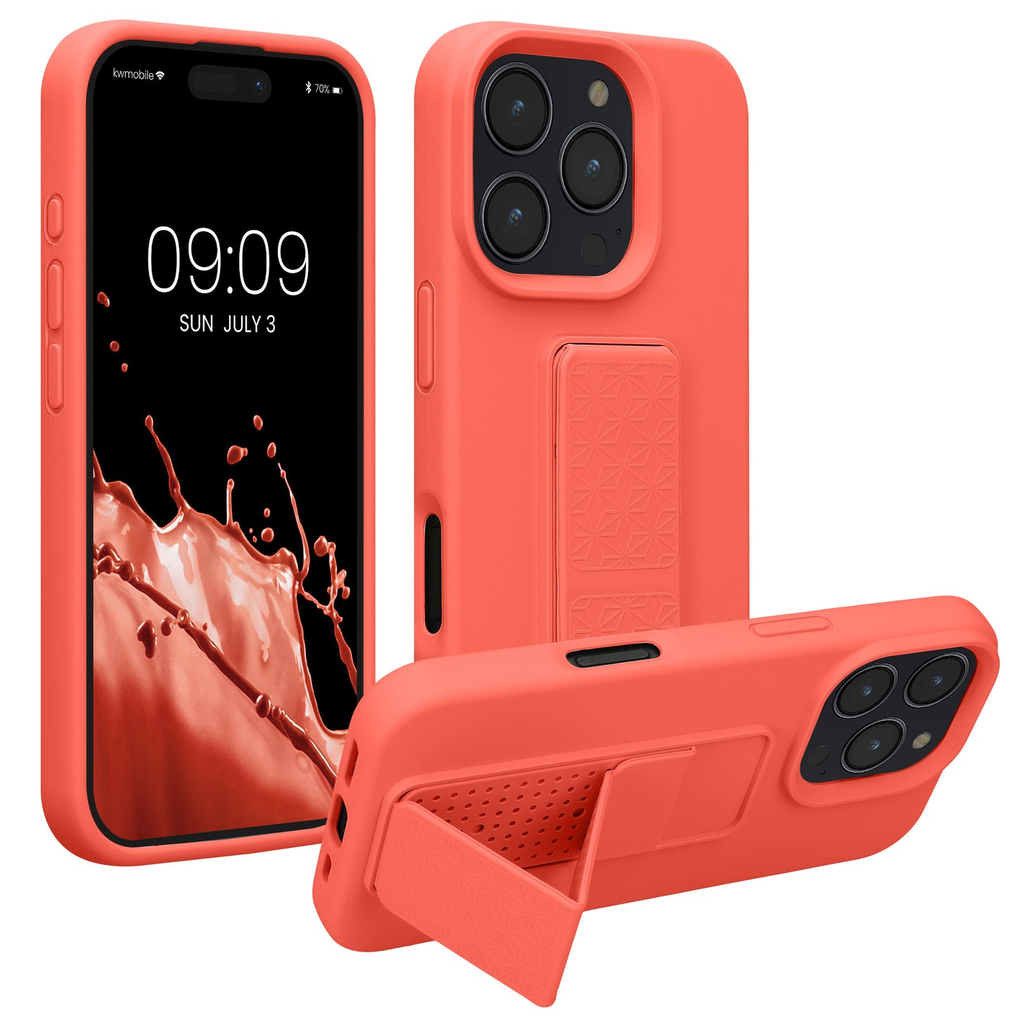 kwmobile Handyhülle kompatibel mit Apple iPhone 16 Pro - Hülle mit Fingerhalter und Standfunktion - Silikon Case Handy Cover in Koralle Koralle  