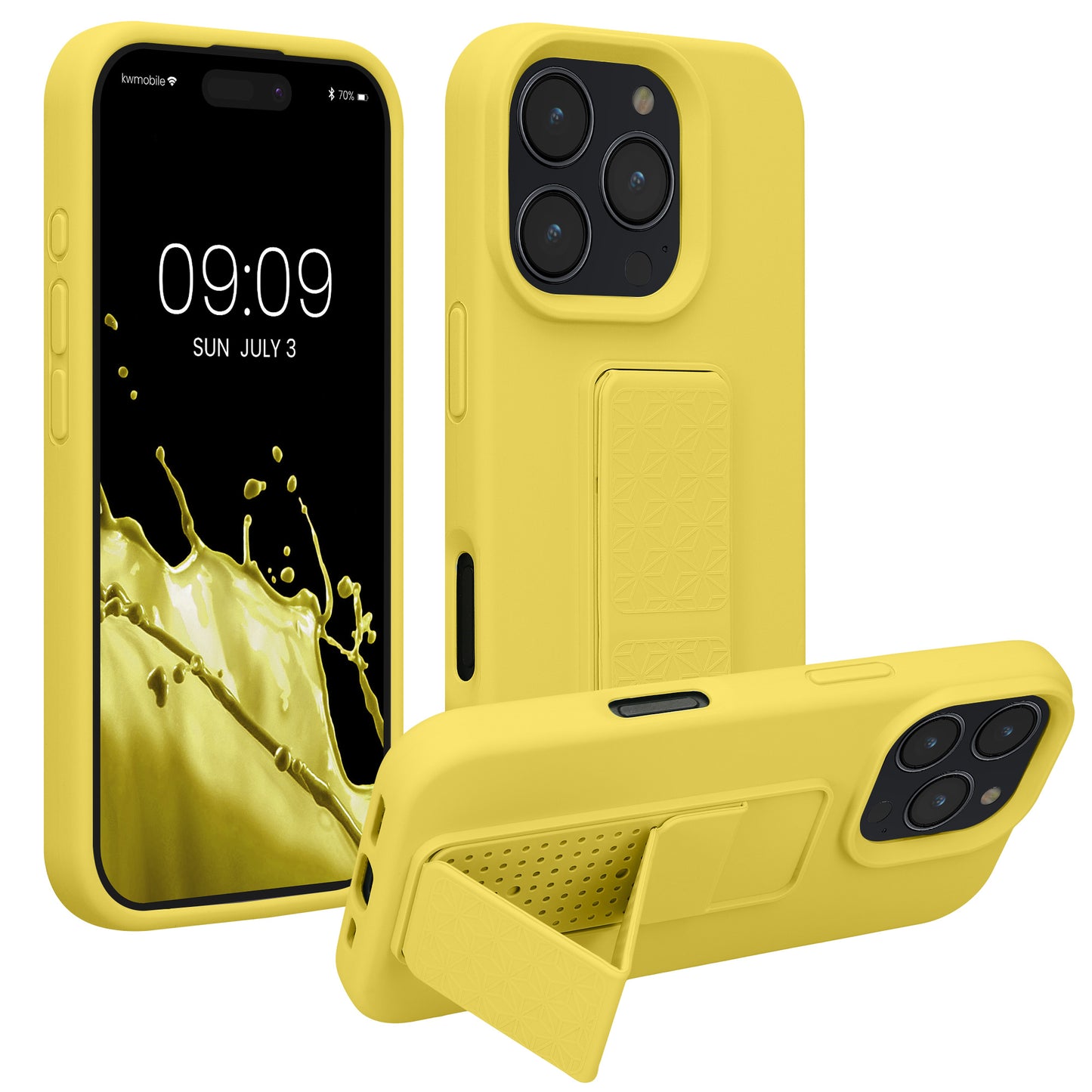 kwmobile Handyhülle kompatibel mit Apple iPhone 16 Pro - Hülle mit Fingerhalter und Standfunktion - Silikon Case Handy Cover in Strahlend Gelb Strahlend Gelb  
