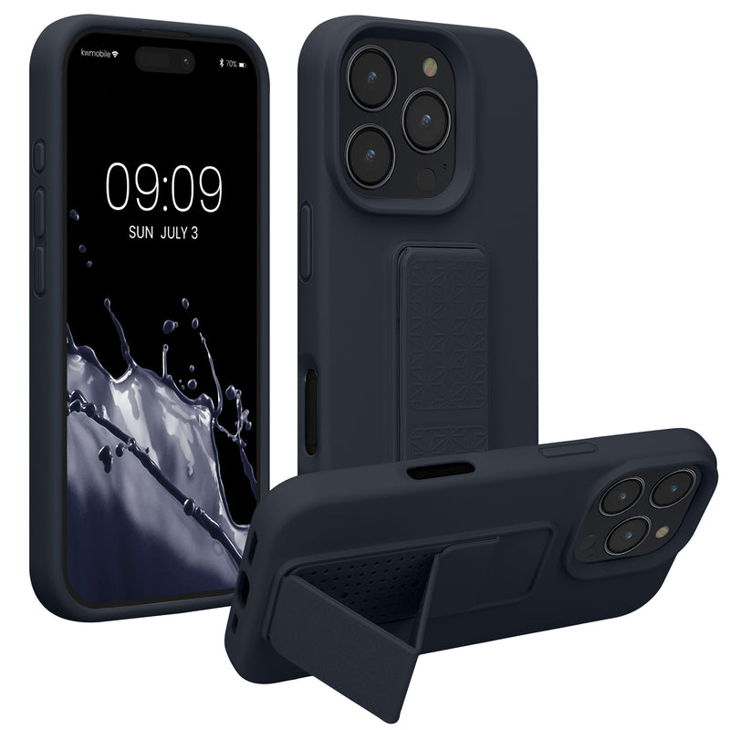 kwmobile Handyhülle kompatibel mit Apple iPhone 16 Pro - Hülle mit Fingerhalter und Standfunktion - Silikon Case Handy Cover in Heidelbeerblau Heidelbeerblau  