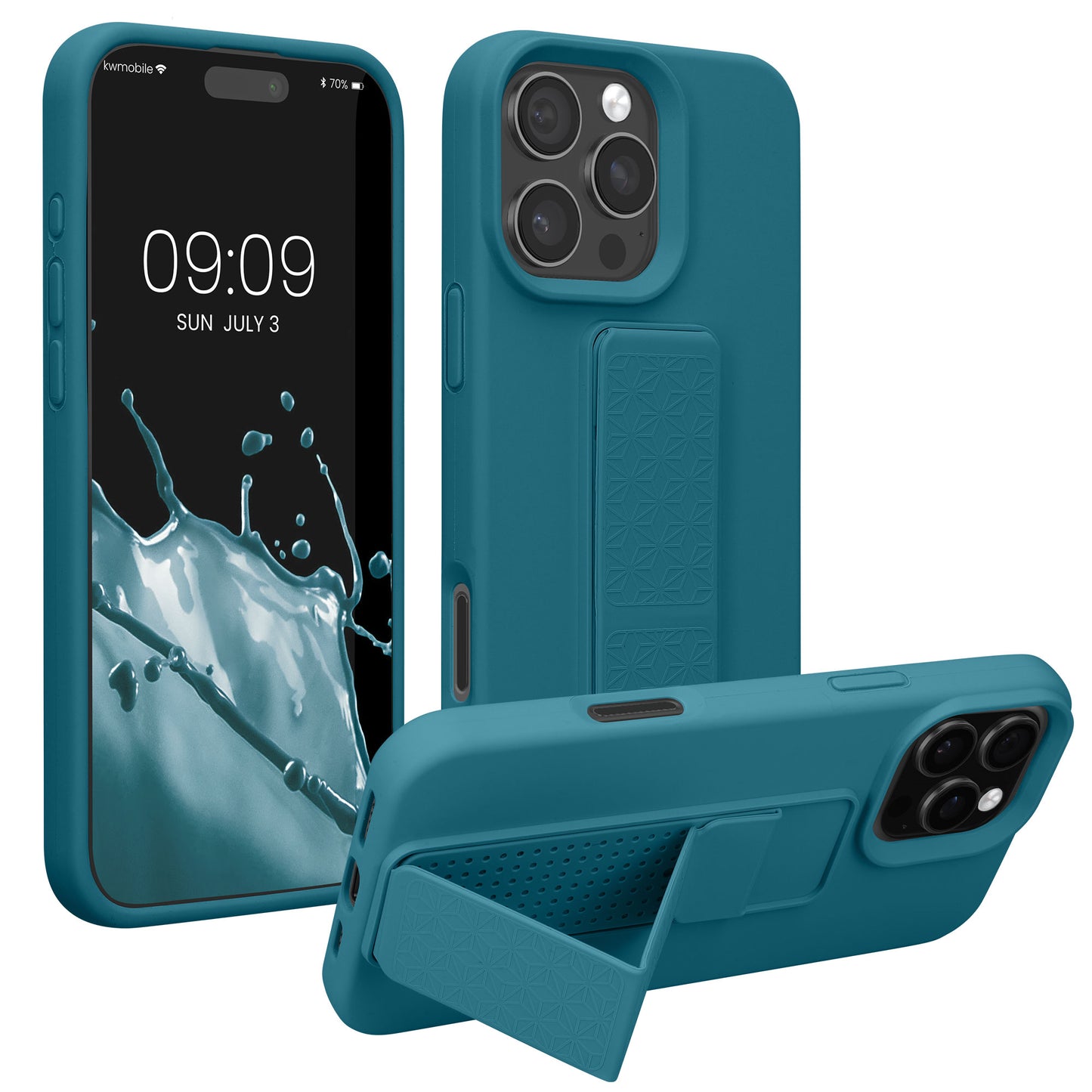 kwmobile Handyhülle kompatibel mit Apple iPhone 16 Pro - Hülle mit Fingerhalter und Standfunktion - Silikon Case Handy Cover in Petrol matt Petrol matt  