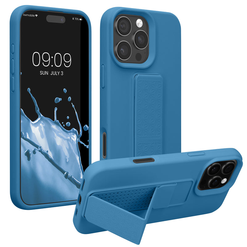 kwmobile Handyhülle kompatibel mit Apple iPhone 16 Pro Max - Hülle mit Fingerhalter und Standfunktion - Silikon Case Handy Cover in Karibikblau Karibikblau  