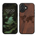 kwmobile Hülle kompatibel mit Apple iPhone 16 Hülle - Holz Case - Handy Cover - TPU Handyhülle in Dunkelbraun Travel Umriss Dunkelbraun  [dsg03]