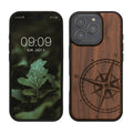 kwmobile Hülle kompatibel mit Apple iPhone 16 Pro Hülle - Holz Case - Handy Cover - TPU Handyhülle in Dunkelbraun Kompass Vintage Dunkelbraun  [dsg01]