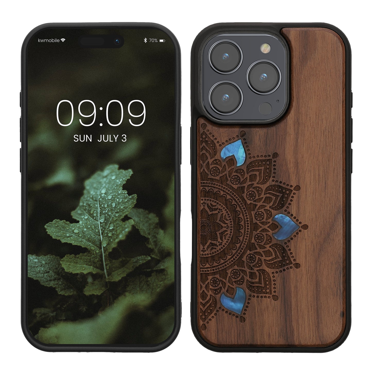 kwmobile Hülle kompatibel mit Apple iPhone 16 Pro Hülle - Holz Case - Handy Cover - TPU Handyhülle in Dunkelbraun Aufgehende Sonne Perlmutt Dunkelbraun  [dsg02]