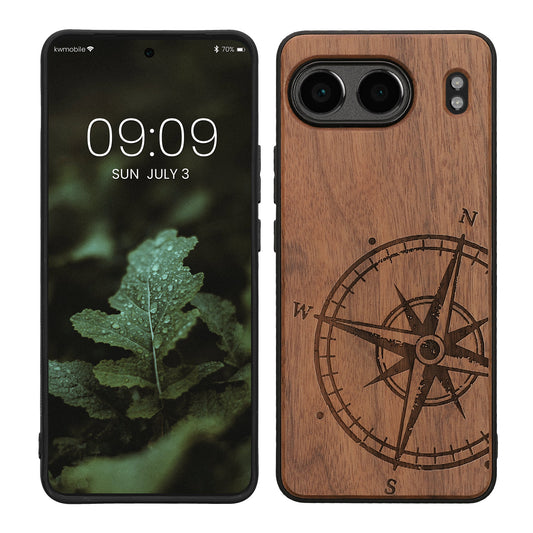 kwmobile Hülle kompatibel mit OnePlus Nord 4 5G Hülle - Holz Case - Handy Cover - TPU Handyhülle in Dunkelbraun Kompass Vintage Dunkelbraun  [dsg01]