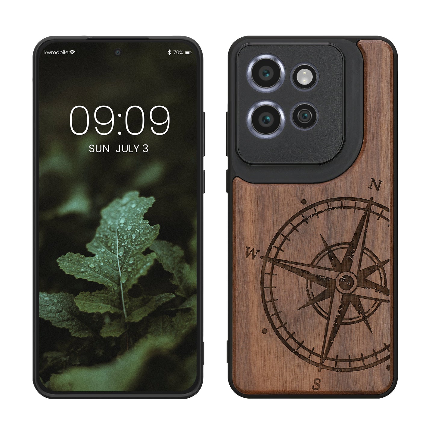 kwmobile Hülle kompatibel mit Motorola Edge 60 Neo / Edge 50 Neo / ThinkPhone 25 Hülle - Holz Case - Handy Cover - TPU Handyhülle in Dunkelbraun Kompass Vintage Dunkelbraun  [dsg01]