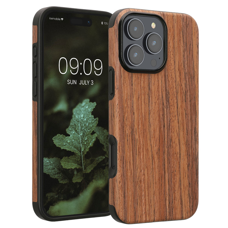 kwmobile Hülle kompatibel mit Apple iPhone 16 Pro Max - Holz TPU Case Handy Schutzhülle - Backcover Cover Holz Maserung Braun Braun  [dsg01]