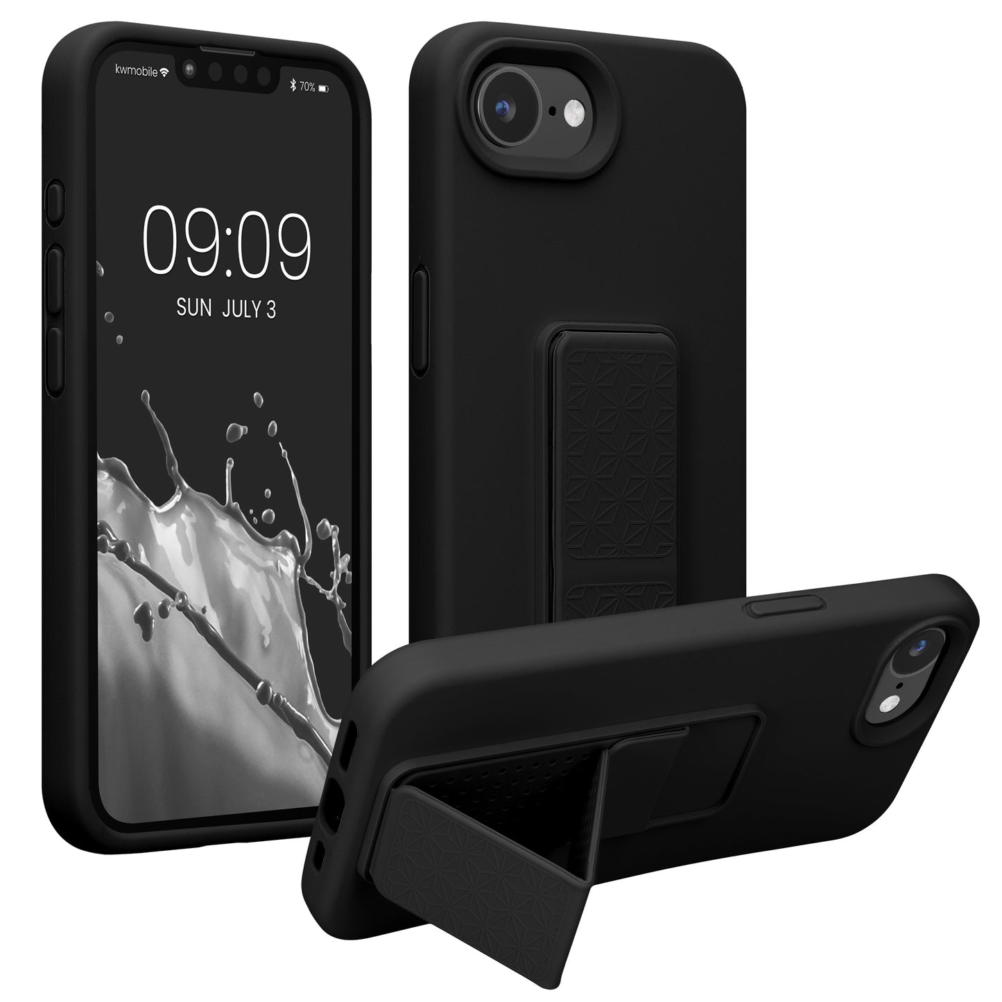 kwmobile Handyhülle kompatibel mit Apple iPhone 17e / iPhone 16e - Hülle mit Fingerhalter und Standfunktion - Silikon Case Handy Cover in Schwarz Schwarz  