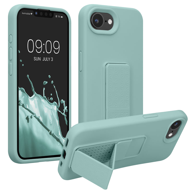 kwmobile Handyhülle kompatibel mit Apple iPhone 17e / iPhone 16e - Hülle mit Fingerhalter und Standfunktion - Silikon Case Handy Cover in Mintgrün Mintgrün  