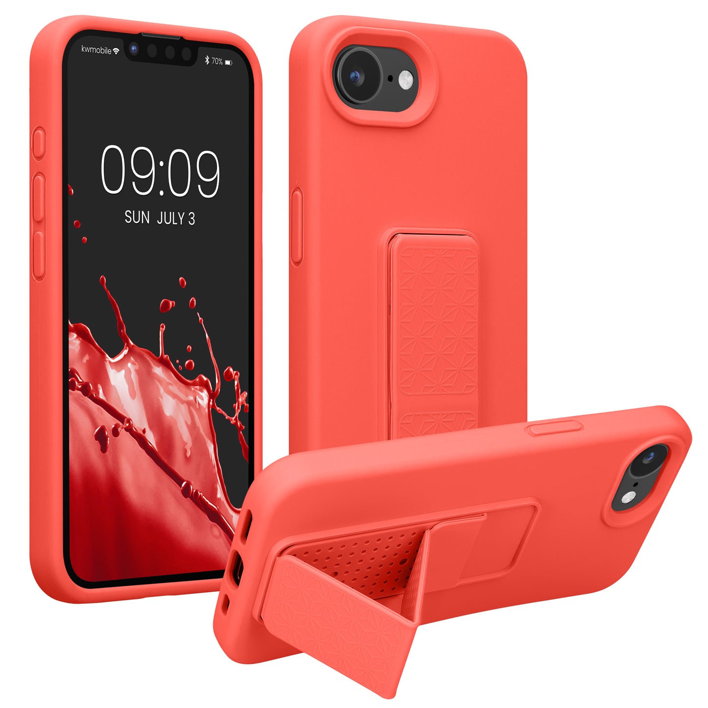 kwmobile Handyhülle kompatibel mit Apple iPhone 17e / iPhone 16e - Hülle mit Fingerhalter und Standfunktion - Silikon Case Handy Cover in Koralle Koralle  