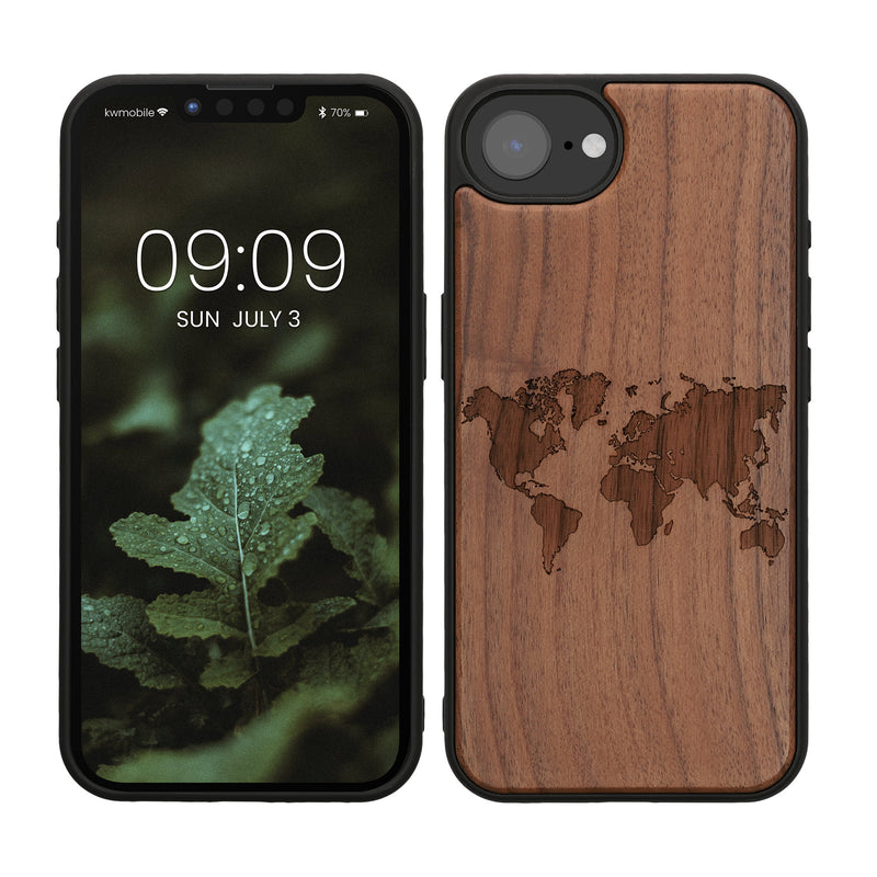 kwmobile Hülle kompatibel mit Apple iPhone 17e / iPhone 16e Hülle - Holz Case - Handy Cover - TPU Handyhülle in Dunkelbraun Travel Umriss Dunkelbraun  [dsg02]