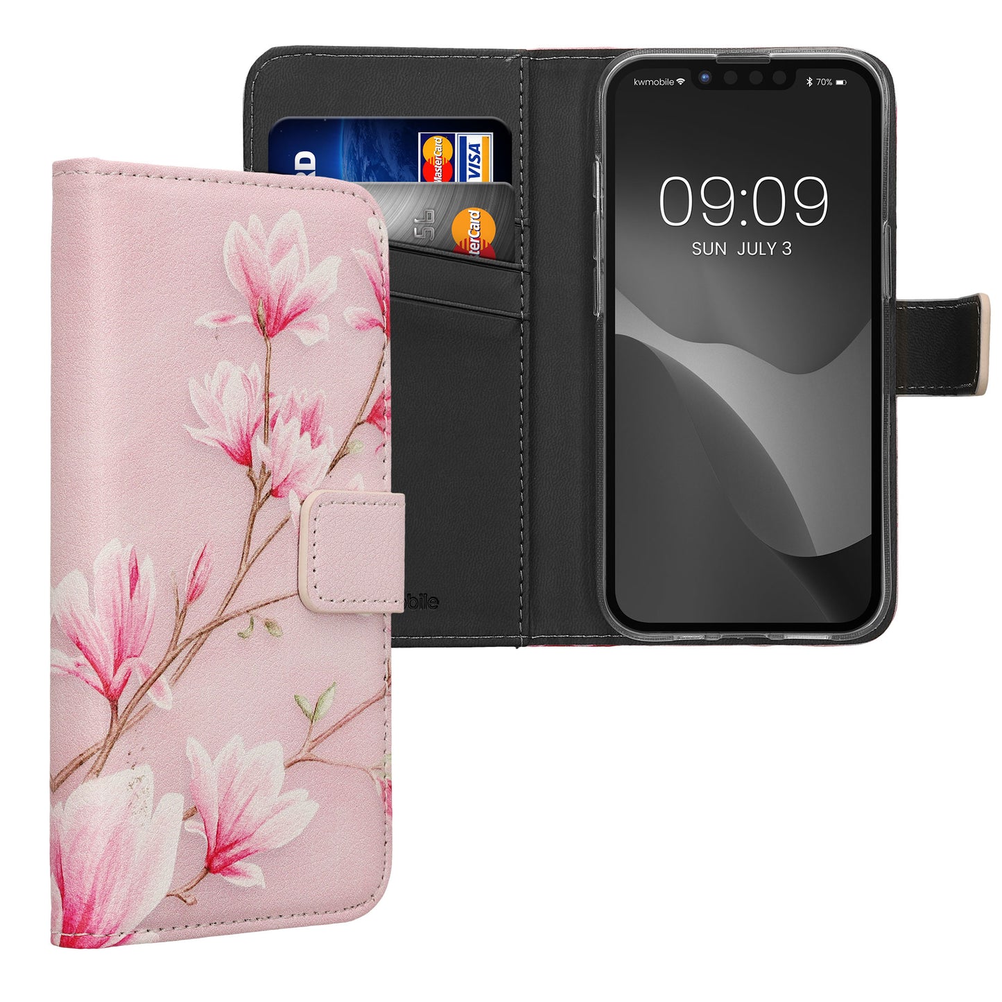 kwmobile Wallet Case kompatibel mit Apple iPhone 17e / iPhone 16e Hülle - Cover mit Ständer und Kartenfächern - Magnolien Rosa Weiß Altrosa Rosa  [dsg01]