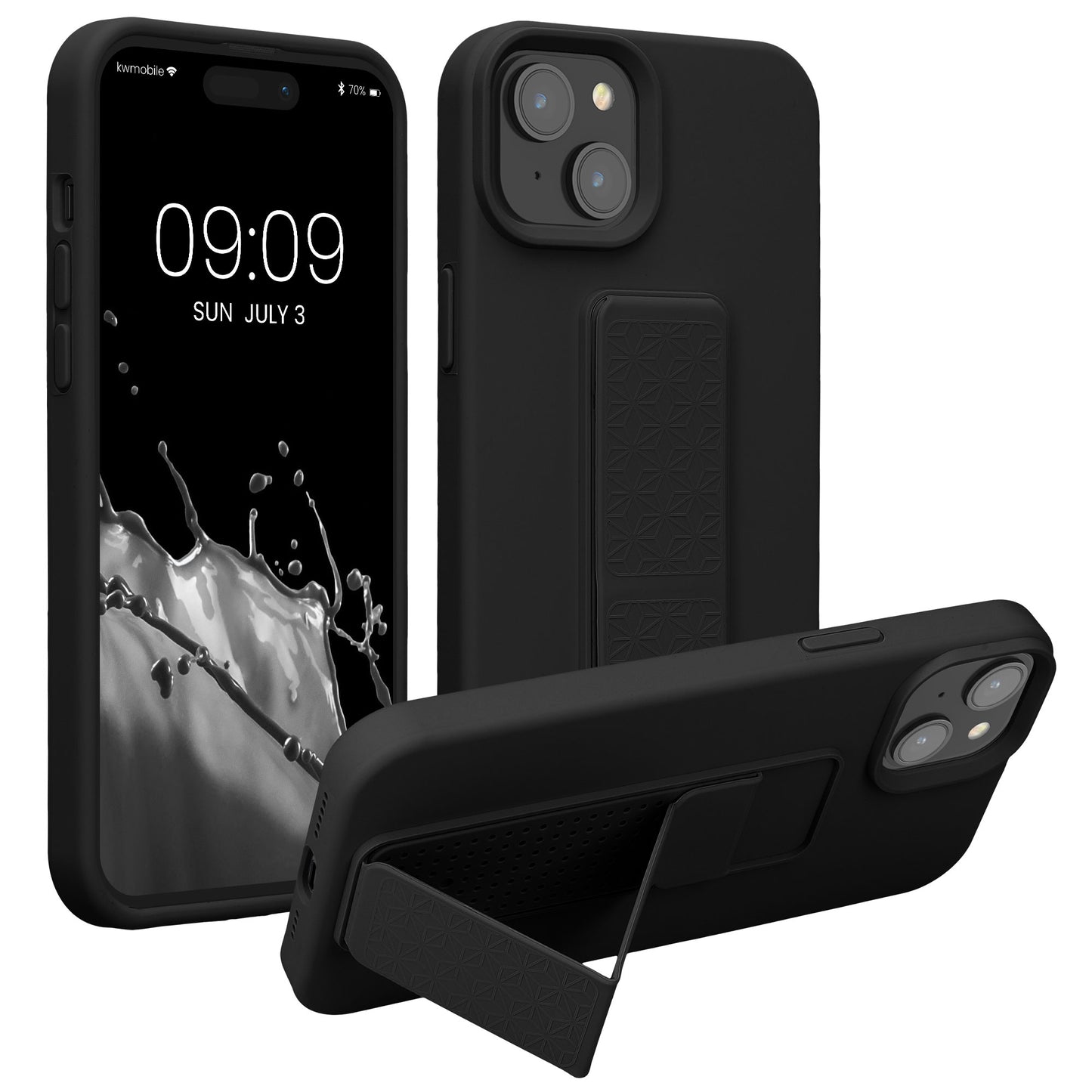 kwmobile Handyhülle kompatibel mit iPhone 15 Plus - Hülle mit Fingerhalter und Standfunktion - Silikon Case Handy Cover in Schwarz Schwarz  