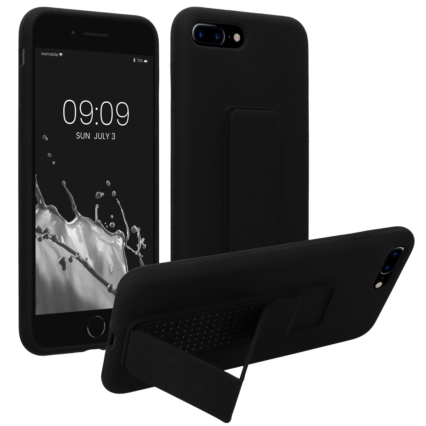 kwmobile Handyhülle kompatibel mit Apple iPhone 7 Plus / iPhone 8 Plus - Hülle mit Fingerhalter und Standfunktion - Silikon Case Handy Cover in Schwarz Schwarz  