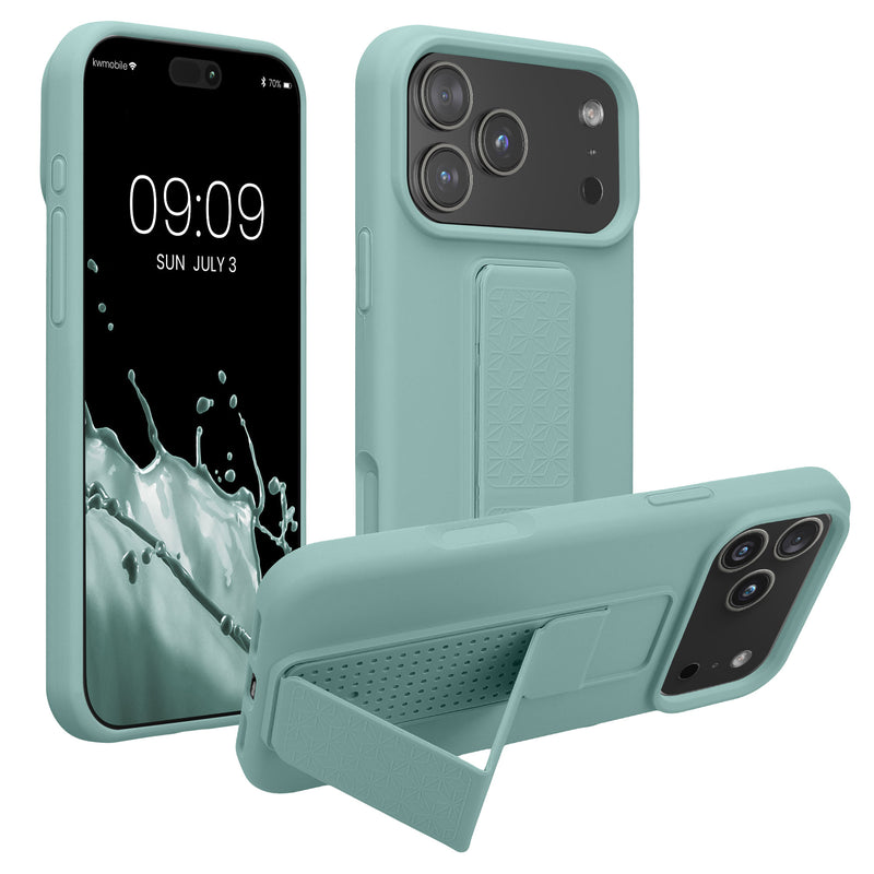 kwmobile Handyhülle kompatibel mit Apple iPhone 17 Pro Max - Hülle mit Fingerhalter und Standfunktion - Silikon Case Handy Cover in Mintgrün Mintgrün  