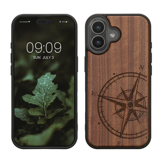 kwmobile Hülle kompatibel mit Apple iPhone 17 Hülle - Holz Case - Handy Cover - TPU Handyhülle in Dunkelbraun Kompass Vintage Dunkelbraun  [dsg01]