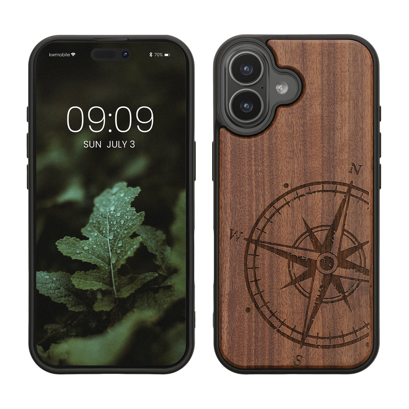 kwmobile Hülle kompatibel mit Apple iPhone 17 Hülle - Holz Case - Handy Cover - TPU Handyhülle in Dunkelbraun Kompass Vintage Dunkelbraun  [dsg01]