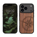 kwmobile Hülle kompatibel mit Apple iPhone 17 Pro Hülle - Holz Case - Handy Cover - TPU Handyhülle in Dunkelbraun Kompass Vintage Dunkelbraun  [dsg01]