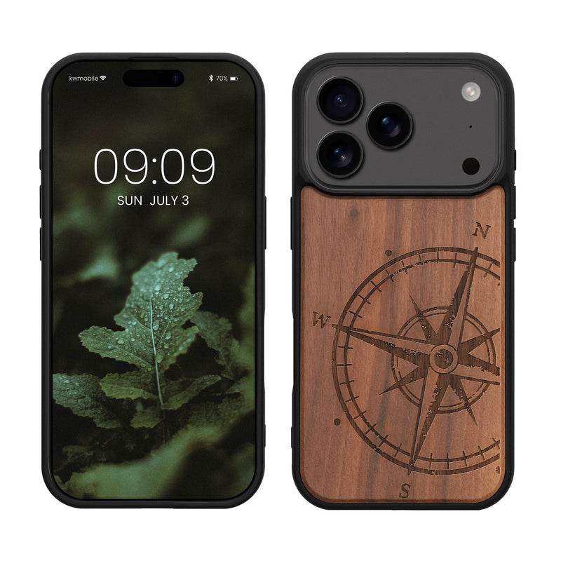 kwmobile Hülle kompatibel mit Apple iPhone 17 Pro Hülle - Holz Case - Handy Cover - TPU Handyhülle in Dunkelbraun Kompass Vintage Dunkelbraun  [dsg01]