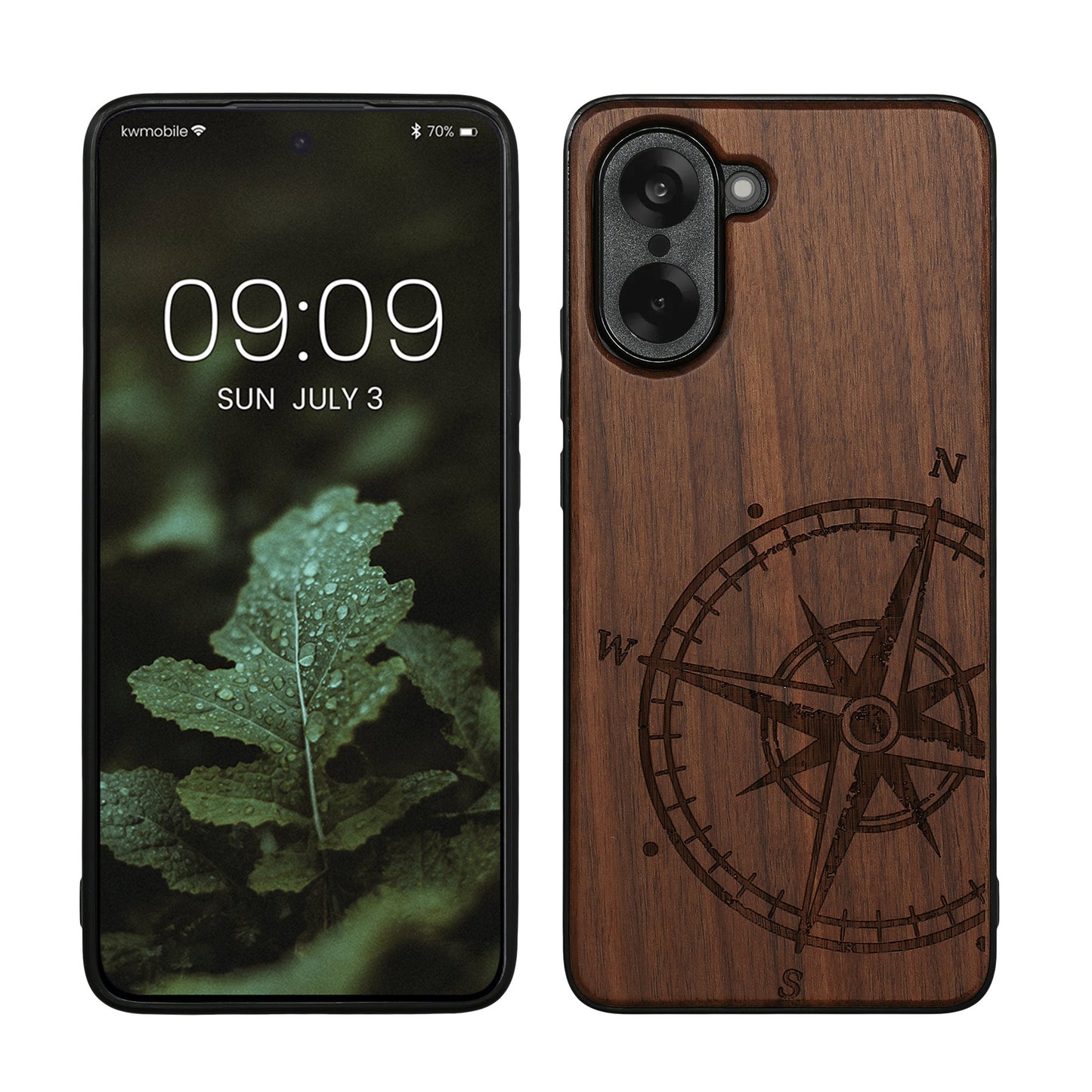 kwmobile Hülle kompatibel mit OnePlus Nord CE5 Hülle - Holz Case - Handy Cover - TPU Handyhülle in Dunkelbraun Kompass Vintage Dunkelbraun  [dsg01]