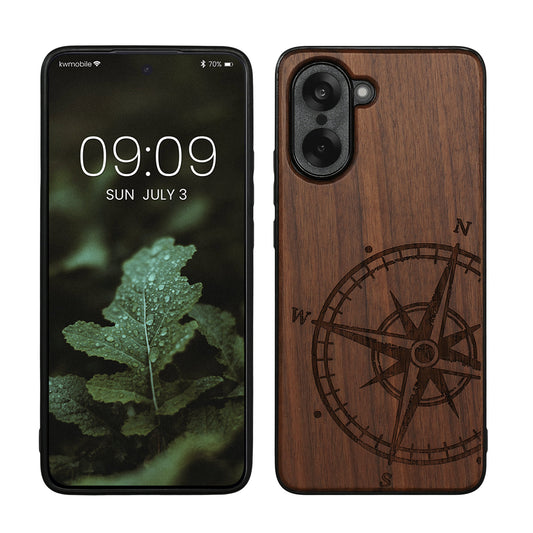 kwmobile Hülle kompatibel mit OnePlus Nord CE5 Hülle - Holz Case - Handy Cover - TPU Handyhülle in Dunkelbraun Kompass Vintage Dunkelbraun  [dsg01]