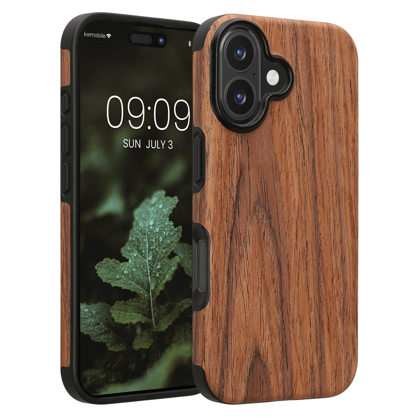kwmobile Hülle kompatibel mit Apple iPhone 16 - Holz TPU Case Handy Schutzhülle - Backcover Cover Holz Maserung Braun Braun  [dsg01]