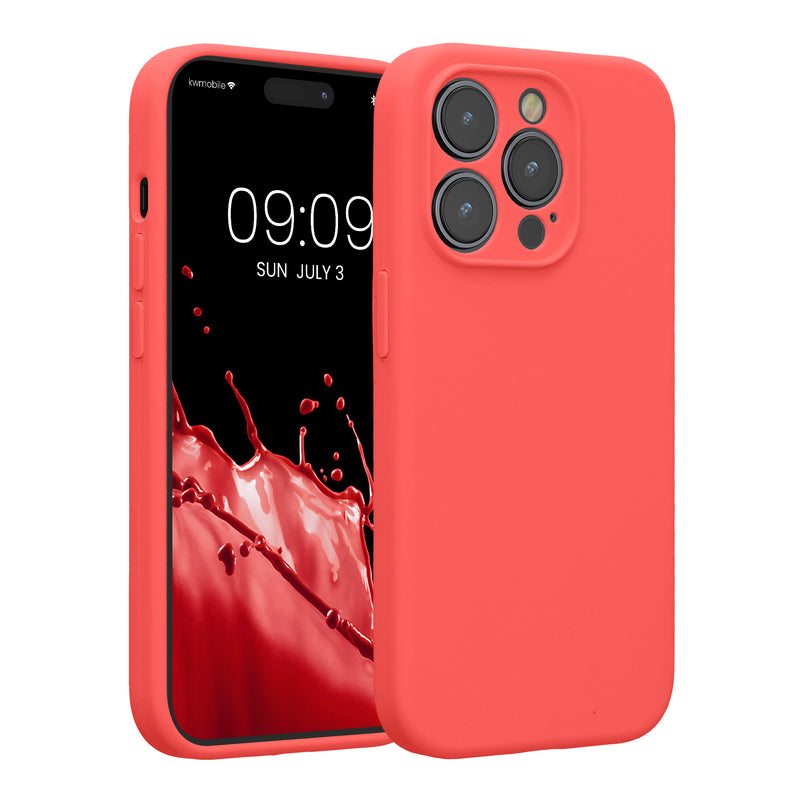 kwmobile Handyhülle kompatibel mit Apple iPhone 14 Pro Hülle - gummierte Handy Case aus Silikon in Neon Koralle Neon Koralle  