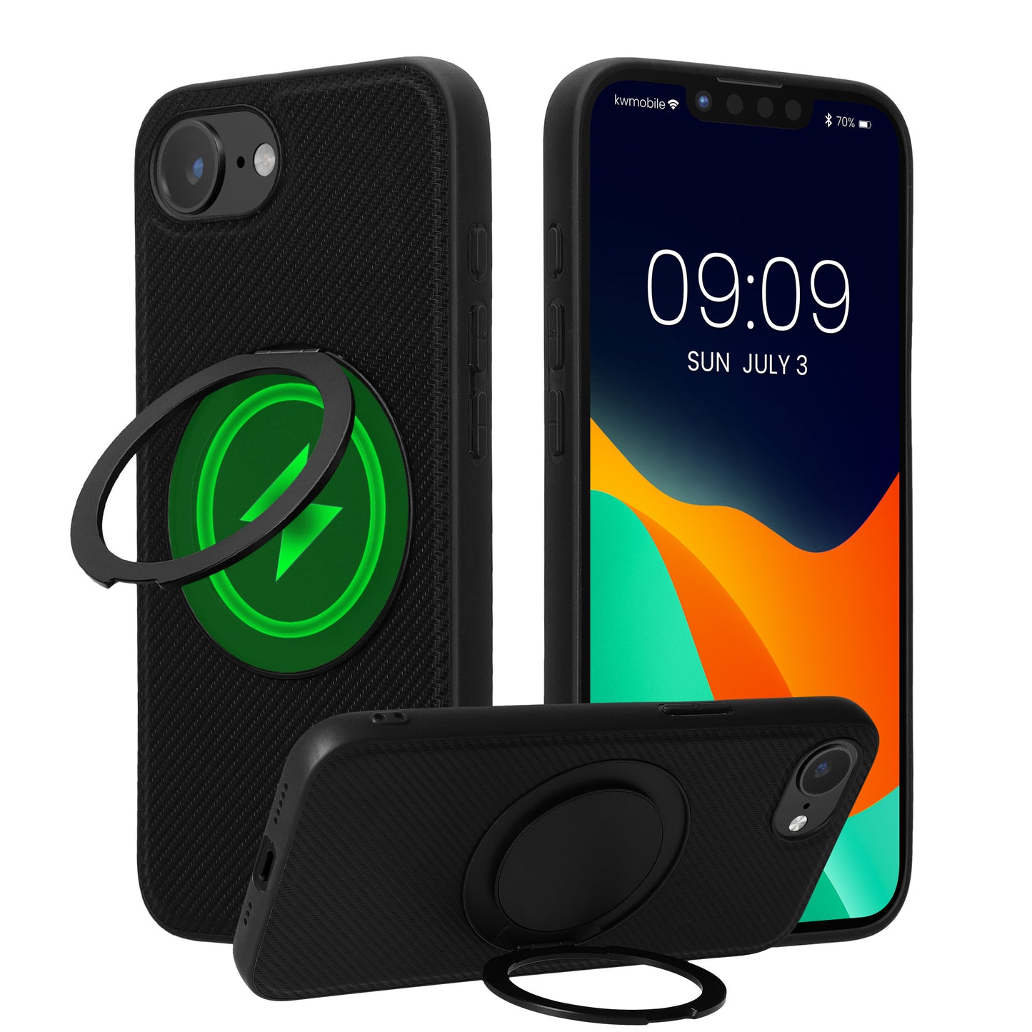 kwmobile Hülle für Apple iPhone 17e / iPhone 16e Handyhülle - Case kompatibel mit MagSafe - Cover mit Ringständer - Kunstleder Carbon Look in Schwarz Schwarz  [dsg01]