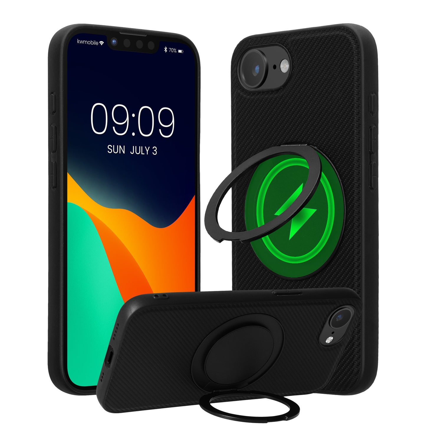 kwmobile Case for Apple iPhone 17e / iPhone 16e - Compatible with MagSafe - Cover with Ring Stand - Faux Leather Carbon Look