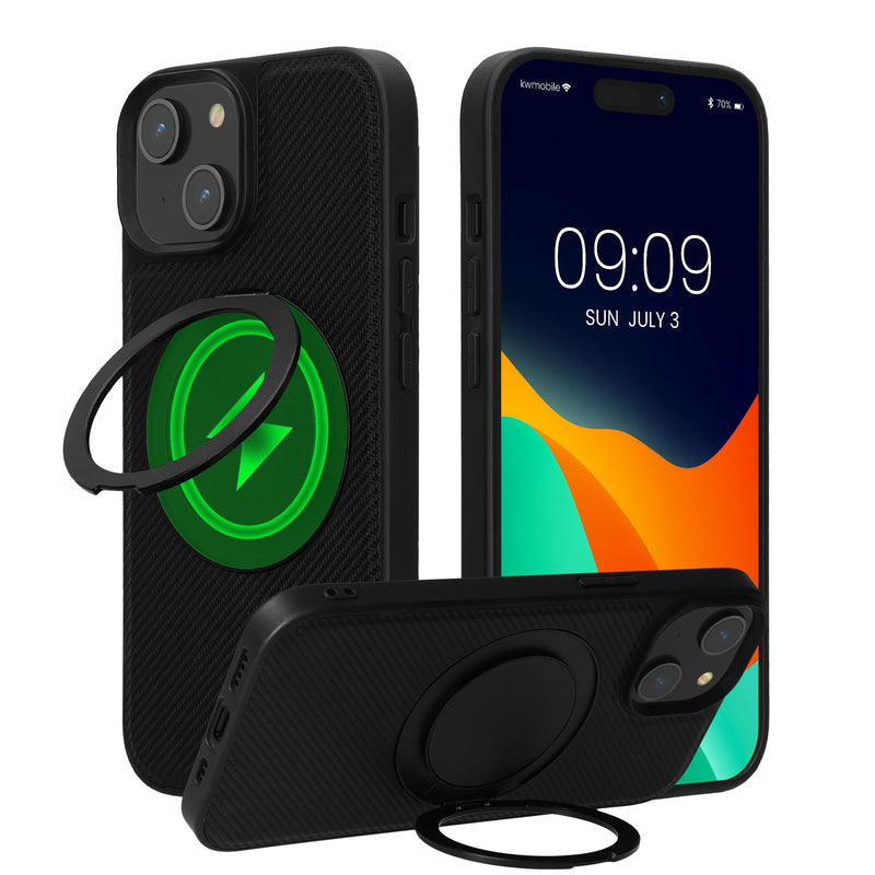 kwmobile Hülle für Apple iPhone 15 Handyhülle - Case kompatibel mit MagSafe - Cover mit Ringständer - Kunstleder Carbon Look in Schwarz Schwarz  [dsg01]