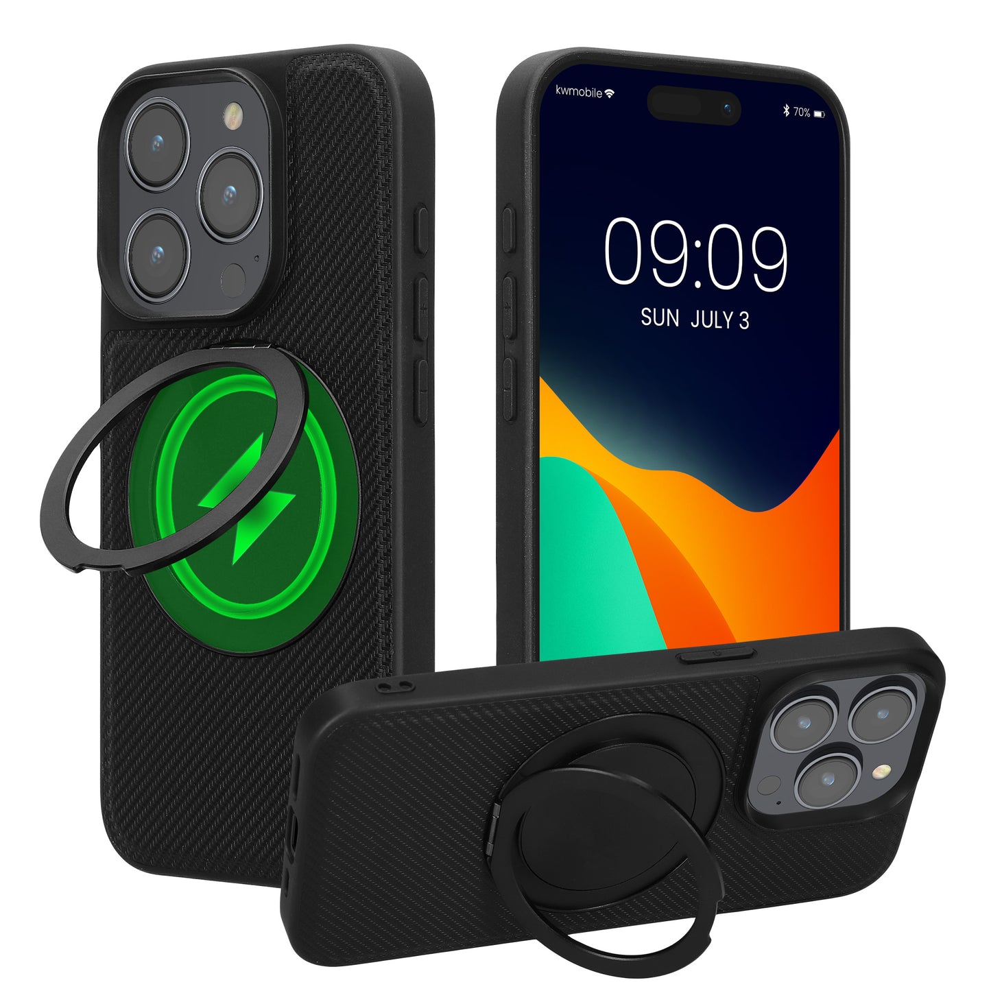kwmobile Hülle für Apple iPhone 15 Pro Handyhülle - Case kompatibel mit MagSafe - Cover mit Ringständer - Kunstleder Carbon Look in Schwarz Schwarz  [dsg01]