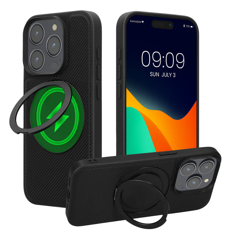 kwmobile Hülle für Apple iPhone 15 Pro Handyhülle - Case kompatibel mit MagSafe - Cover mit Ringständer - Kunstleder Carbon Look in Schwarz Schwarz  [dsg01]
