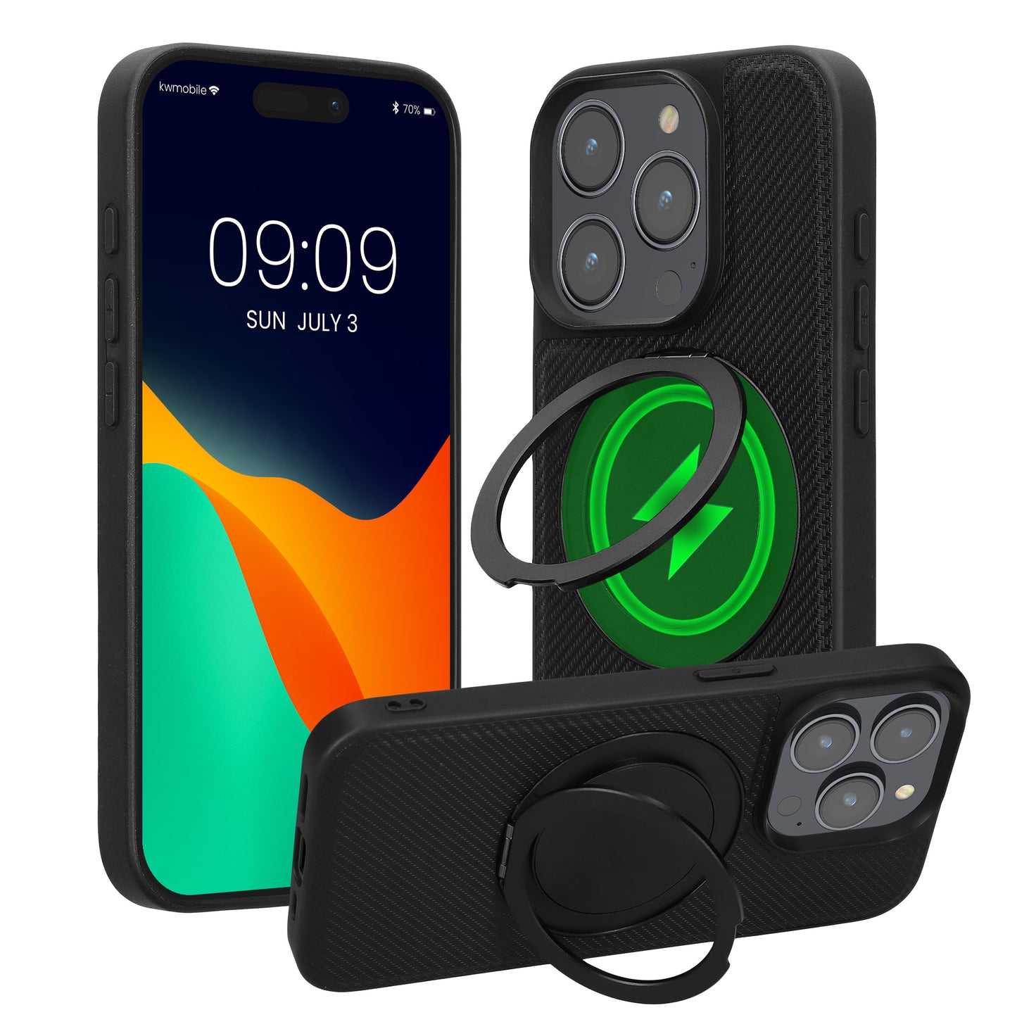 kwmobile Case for Apple iPhone 15 Pro Phone Cover Case Compatible with MagSafe with Ring Stand Faux Leather Carbon Look