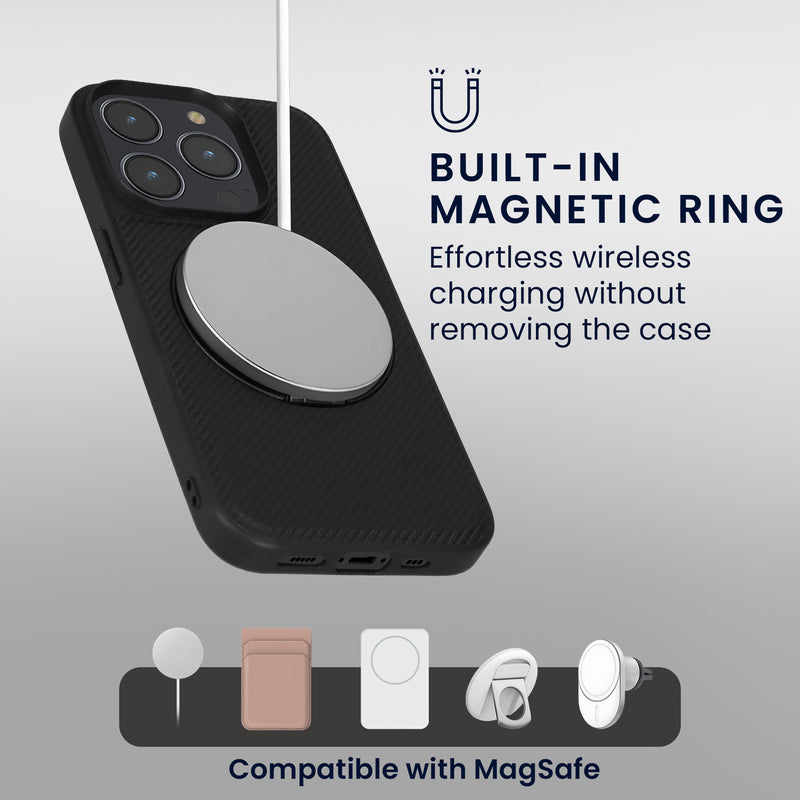 kwmobile Case for Apple iPhone 15 Pro Phone Cover Case Compatible with MagSafe with Ring Stand Faux Leather Carbon Look