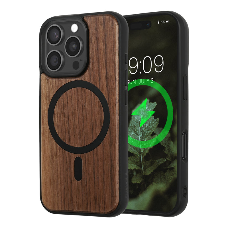kwmobile Hülle für Apple iPhone 16 Pro Handyhülle - Cover aus Holz und TPU - Kompatibel mit MagSafe - Case in Dunkelbraun Schwarz Holz Dunkelbraun  