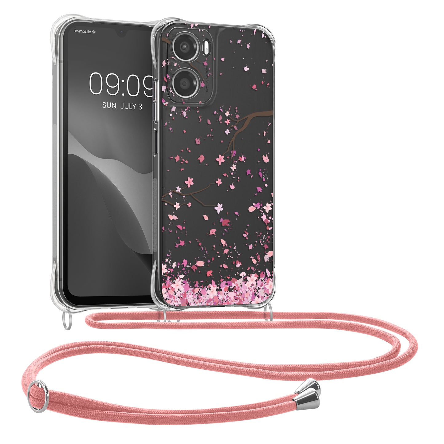 kwmobile Necklace Case kompatibel mit Motorola Moto G06 Hülle - Silikon Cover mit Handykette - Rosa Dunkelbraun Transparent Kirschblütenblätter Rosa  [dsg01]
