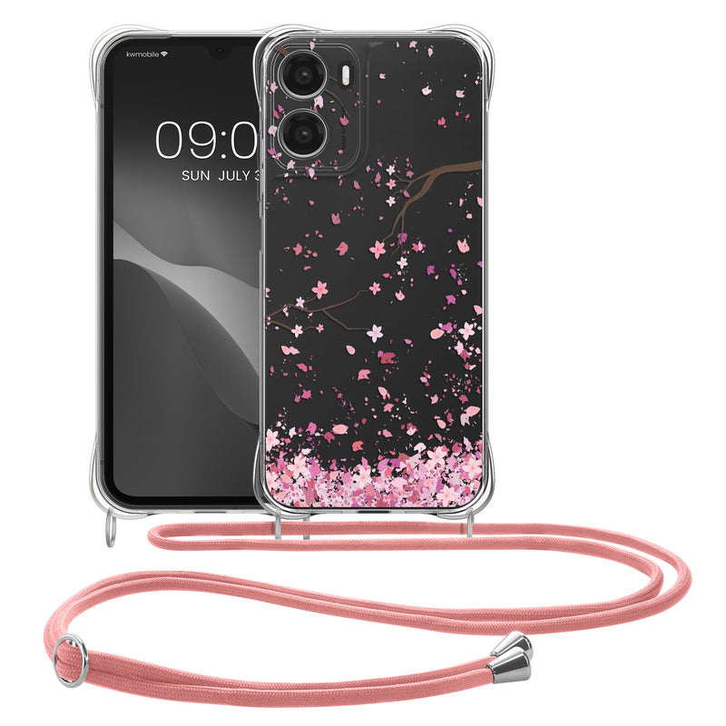 kwmobile Necklace Case compatible with Motorola Moto G06 Case Silicone Cover with Lanyard Cherry Blossom Leaves