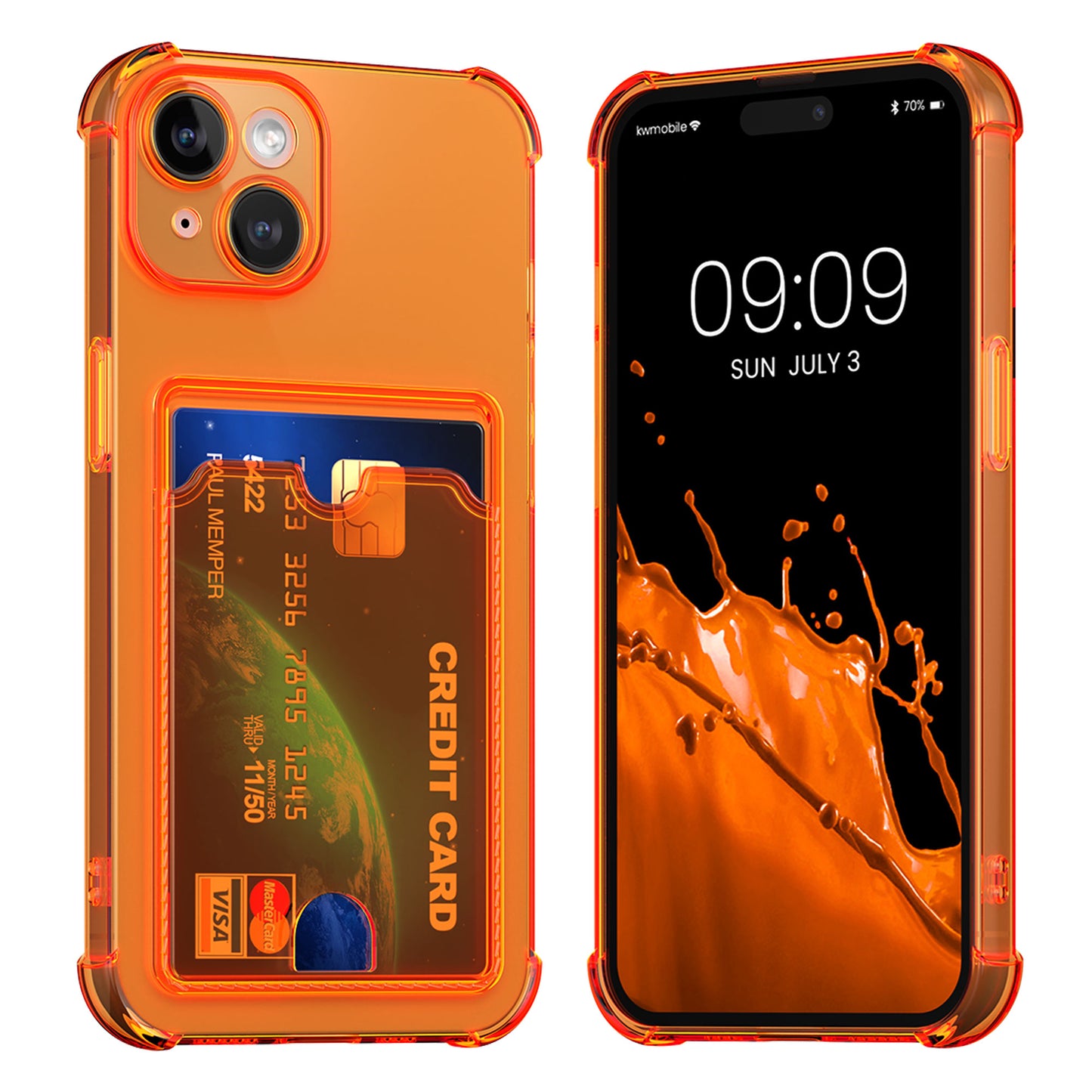 kwmobile Hülle mit Kartenfach kompatibel mit Apple iPhone 15 - Handyhülle iPhone 15 mit Kartenfach - Soft Case - Schutzhülle in Fruity Orange Transparent Fruity Orange  