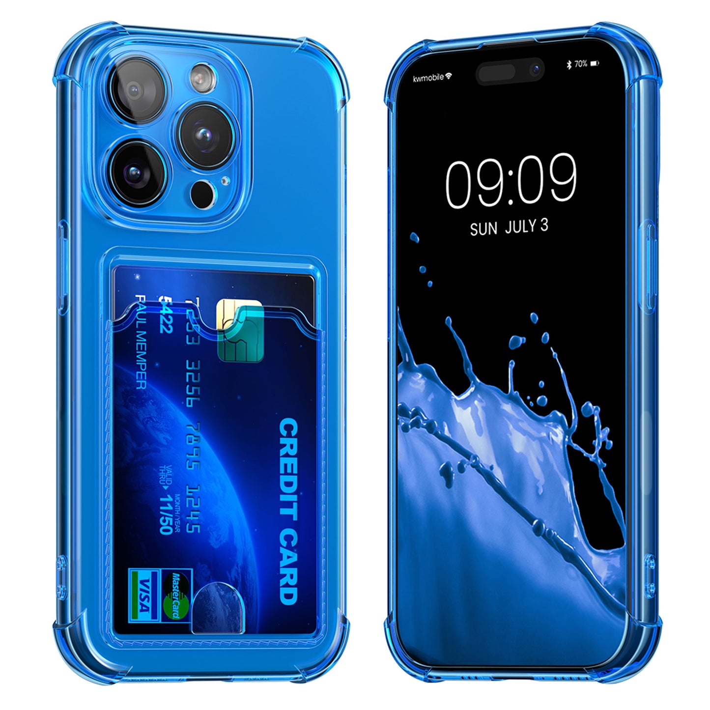 kwmobile Hülle mit Kartenfach kompatibel mit Apple iPhone 15 Pro - Handyhülle iPhone 15 Pro mit Kartenfach - Soft Case - Schutzhülle in Baltik Blau Transparent Baltik Blau  